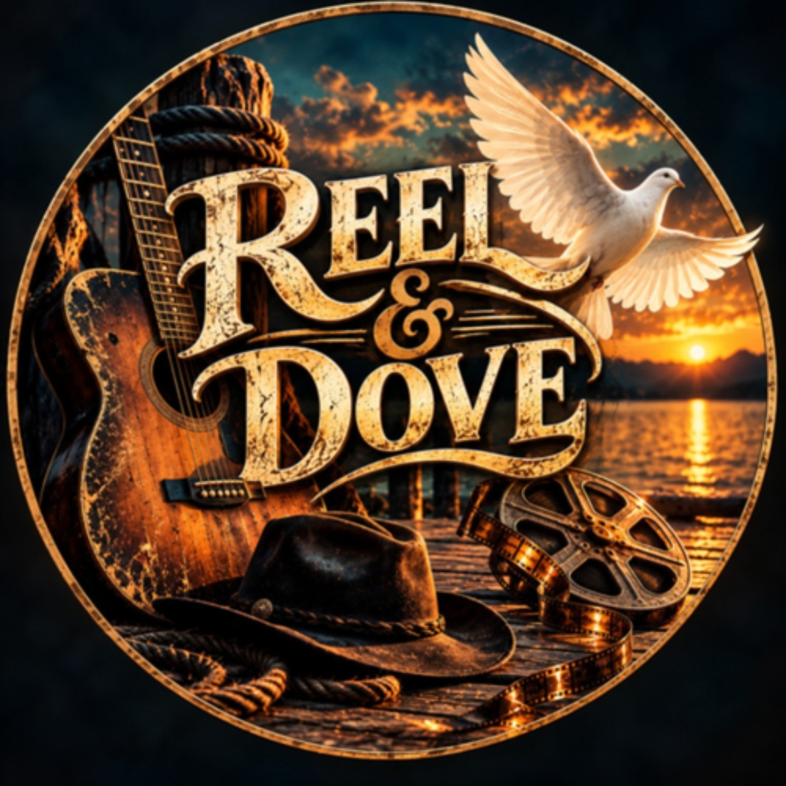 REEL & DOVE logo with a guitar, dove, sunset, and film reel
