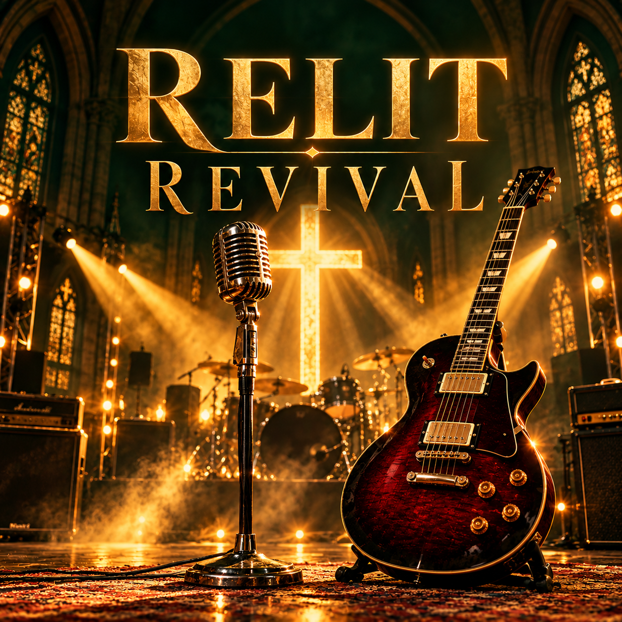 Relit Revival Christian rock artwork with electric guitar, microphone, drums and an illuminated cross