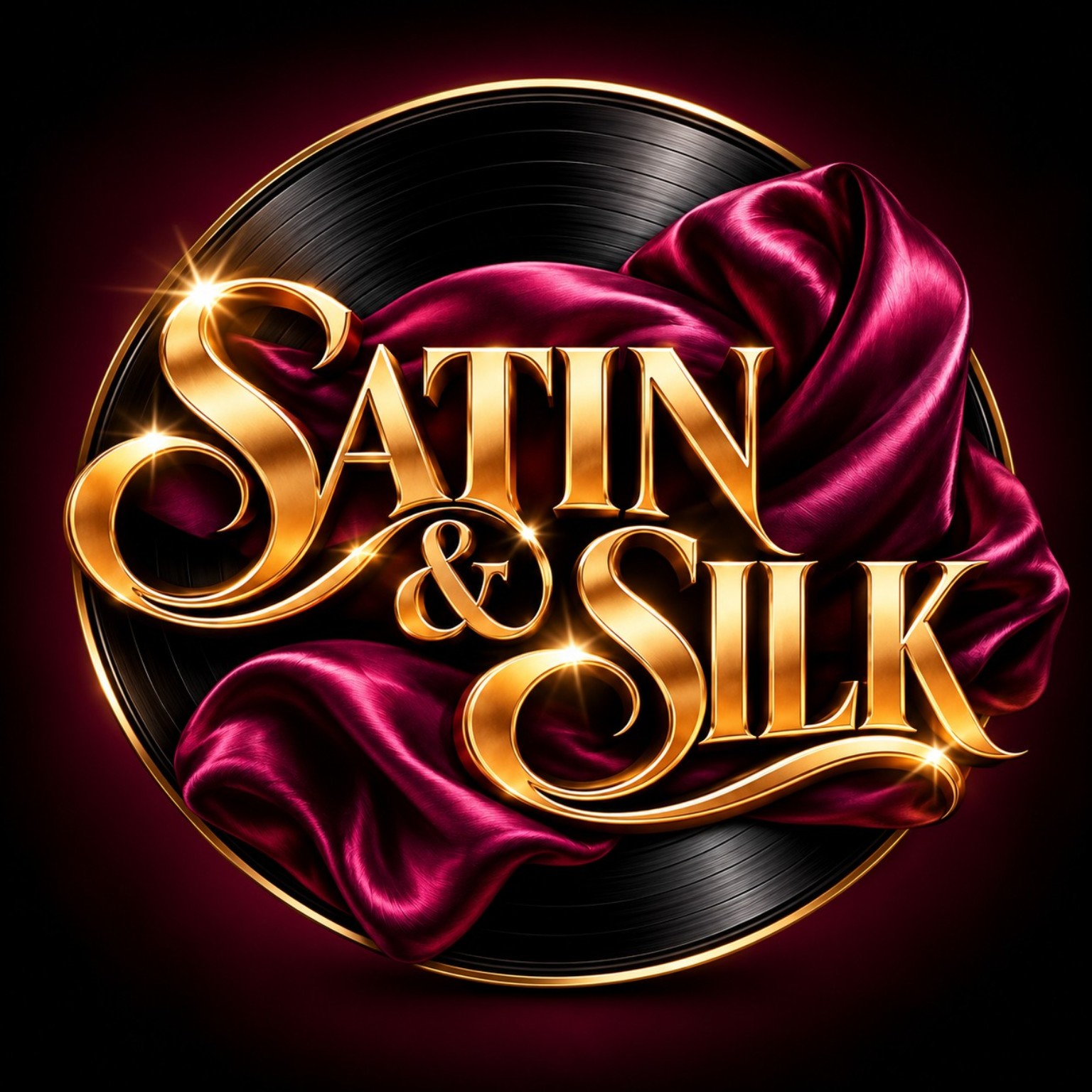 Satin & Silk logo with gold lettering, burgundy silk, and a vinyl record
