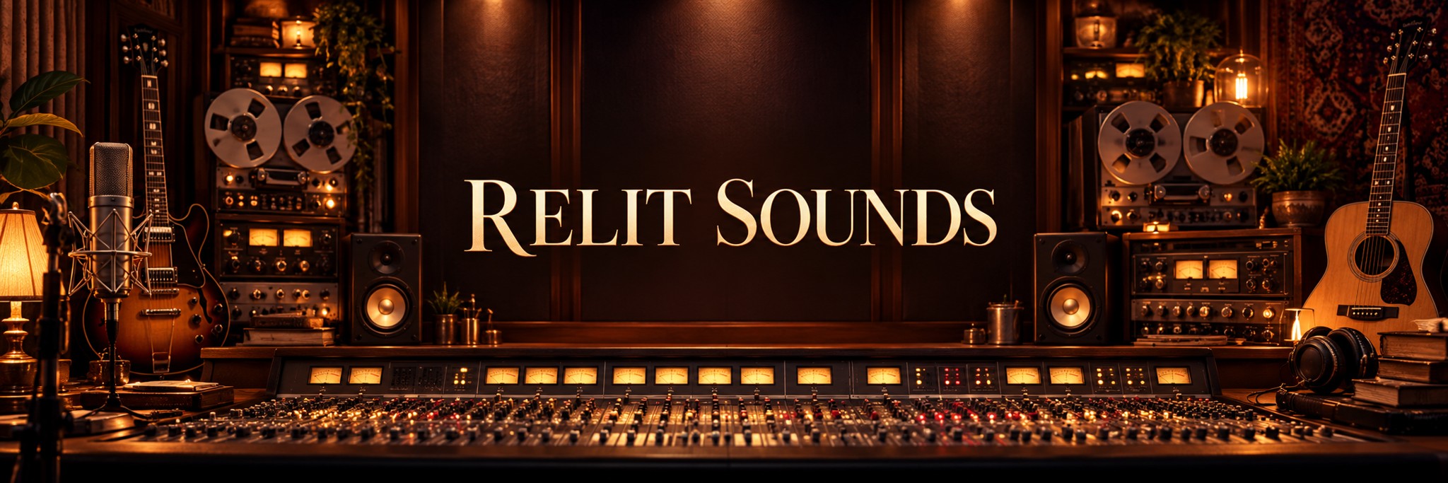 Relit Sounds in gold lettering in a warmly lit vintage recording studio